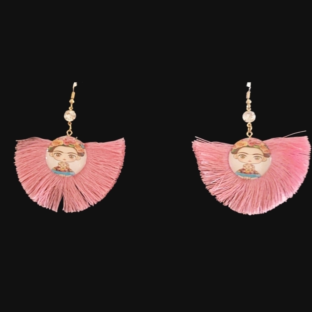Frida‎ Kahlo Inspired Tassel Earrings Pink Crystal Dangle Boho Mexican Art